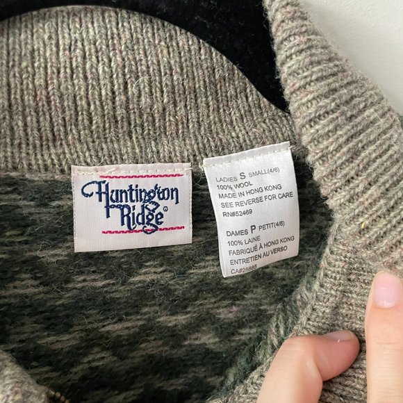 Vintage Huntington Ridge Zip Up Sweater Collared Wool Casual Green Gray Small - Picture 6 of 7